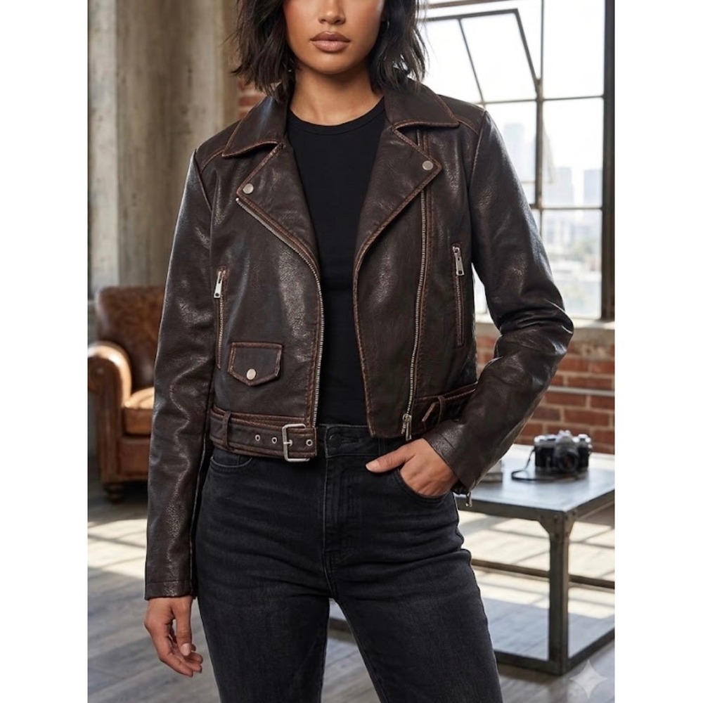PrettyLittleThing Brown Distressed Textured Belted Hem Biker Jacket CMZ8703 US 4